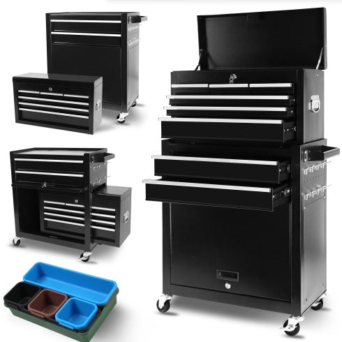 8-Drawer Rolling Tool Chest With Wheels, Large Tool Cabinet With Drawers, Mobile Steel Tool Storage Organizer With Lock&Liner For Warehouse, Workshop, Black