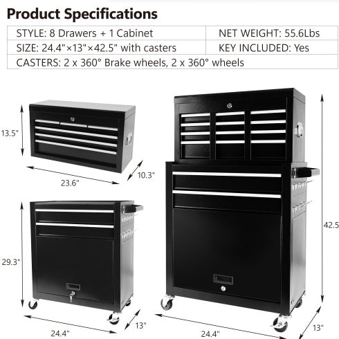 8-Drawer Rolling Tool Chest With Wheels, Large Tool Cabinet With Drawers, Mobile Steel Tool Storage Organizer With Lock&Liner For Warehouse, Workshop, Black