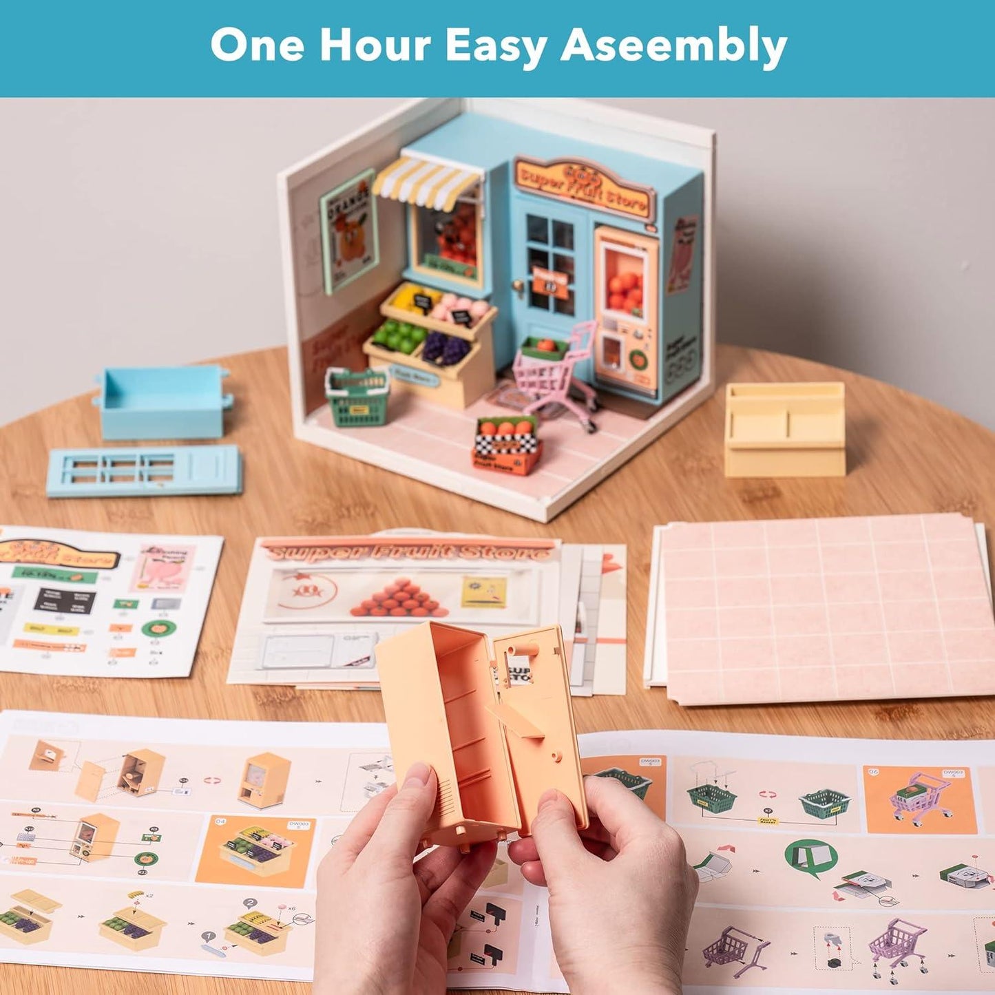 ROBOTIME DIY Miniature Fruit Store Dollhouse Kit: Exquisite Miniature Craft for Adults, 1:20 Scale with Realistic Furniture
