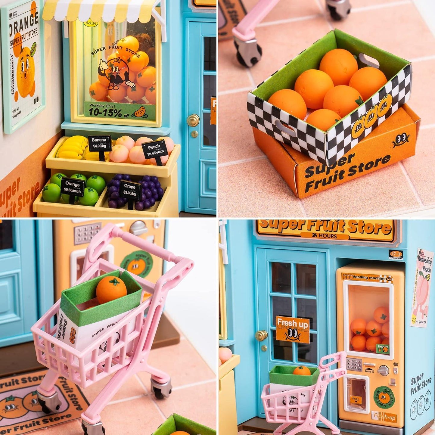ROBOTIME DIY Miniature Fruit Store Dollhouse Kit: Exquisite Miniature Craft for Adults, 1:20 Scale with Realistic Furniture