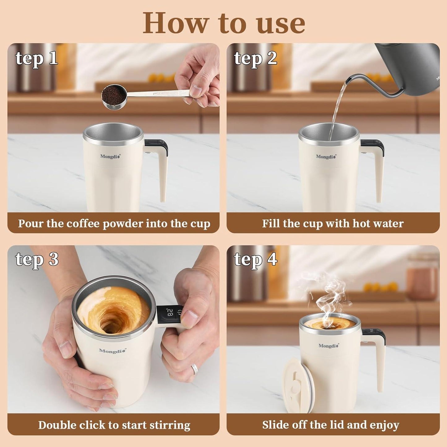 Mocha 12 Oz With Temperature Display Rechargeable Automatic Stirring Coffee Cup With Lid Suitable For Coffee Milk And Other Drinks White