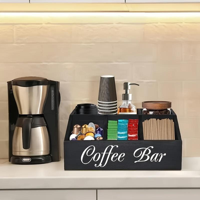 1 Piece Classic Wooden Coffee Bar Storage Box Multi-compartment Coffee Accessories Condiments Coffee Capsule Storage Shelf Basket