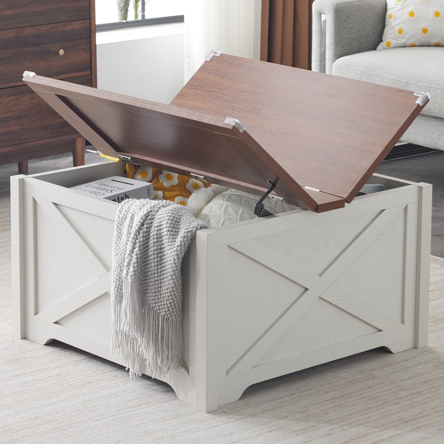 Large Hidden Storage Compartment, Double Flap Panel, Side X Shape, Coffee Table, Square, 31.5x31.5x18in