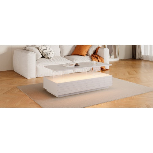 Modern White Rectangular LED Lights Coffee Table With 2 Drawers In 47.2