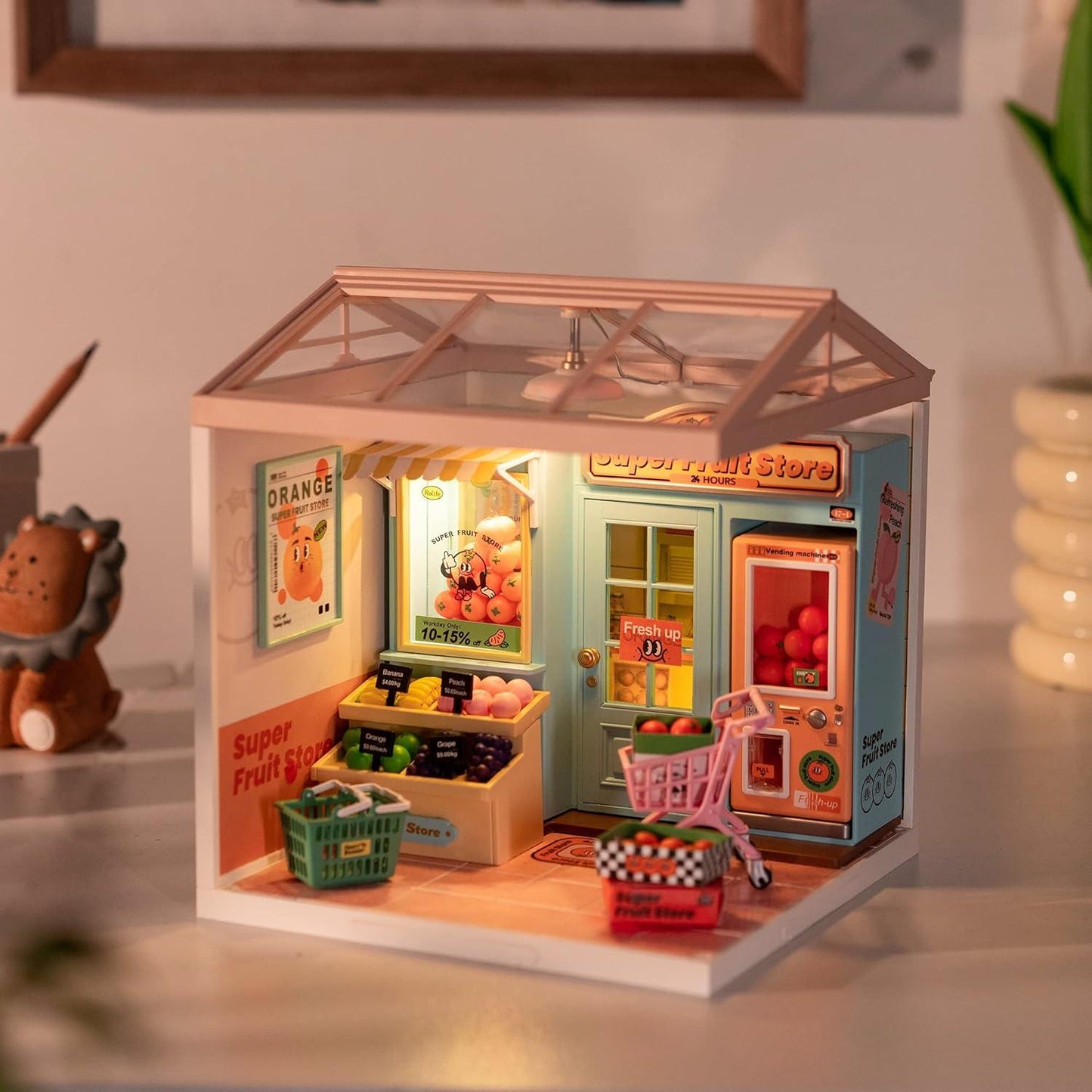 ROBOTIME DIY Miniature Fruit Store Dollhouse Kit: Exquisite Miniature Craft for Adults, 1:20 Scale with Realistic Furniture