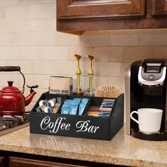 1 Piece Classic Wooden Coffee Bar Storage Box Multi-compartment Coffee Accessories Condiments Coffee Capsule Storage Shelf Basket