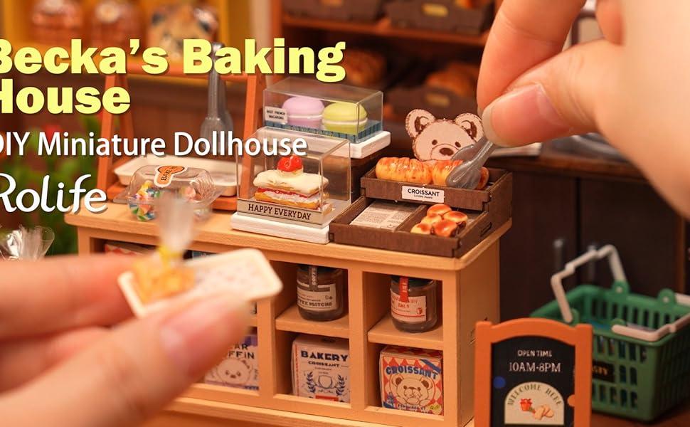 Rolife DIY Miniature Doll House Kit, Build Becka's Bakery Diorama House Building Set with LED Room Hobby Craft for Aduls Uniue Gifts for Teens