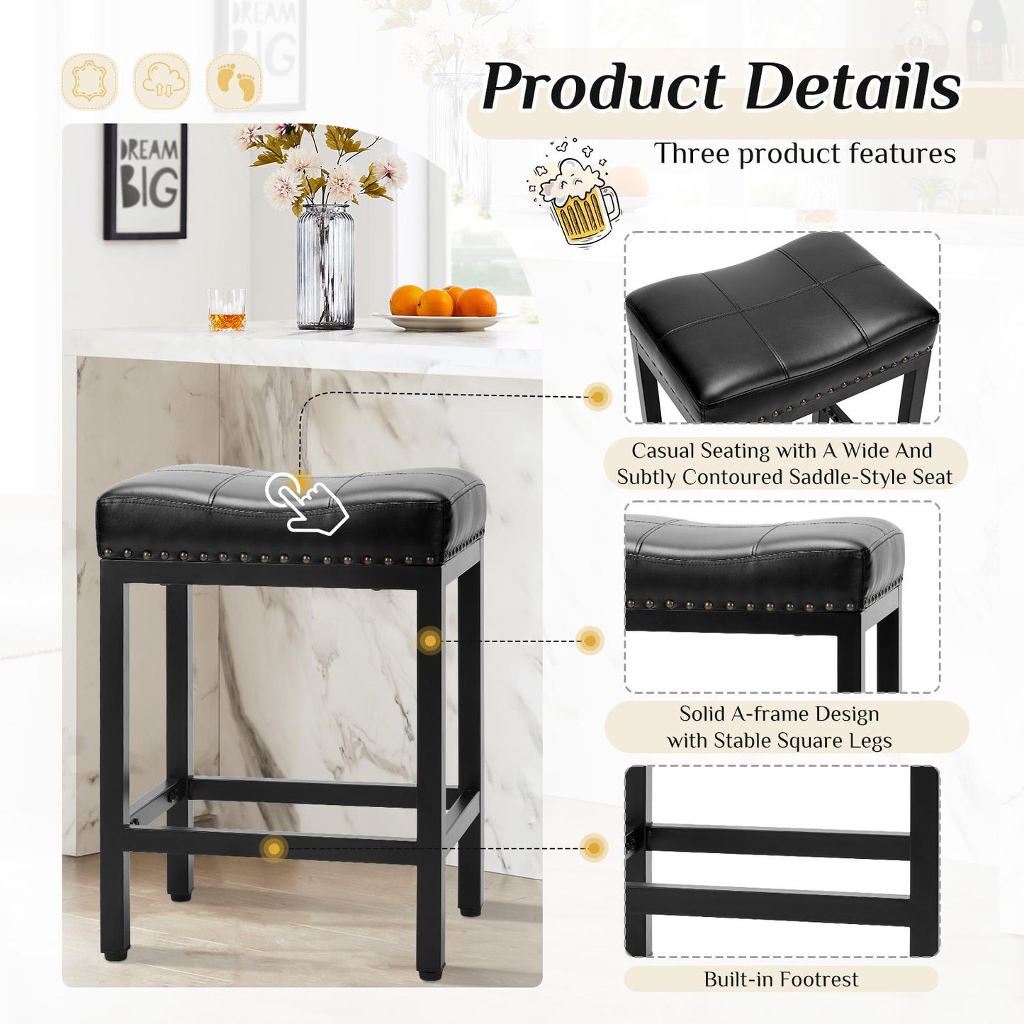 Saddle Bar Stool Kitchen Stools, Sturdy Steel Frame