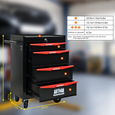 Rolling Metal Tool Chest With 4 Drawers, 20 4-Drawer Tool Chest Cabinet With Ball Bearing Drawer Slides, Steel Tool Storage Box Organizer -BLACK RED