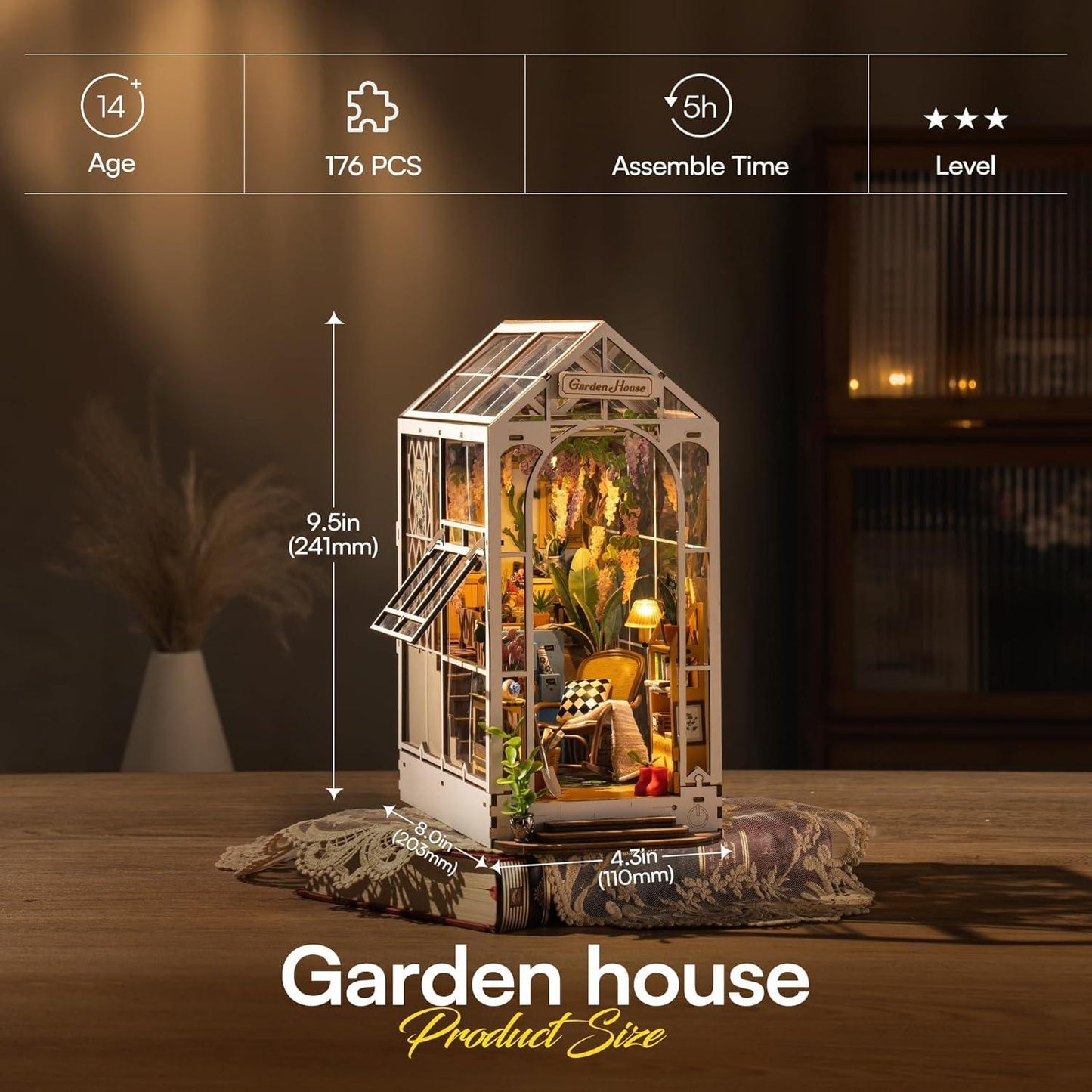 ROBOTIME Book Nook Kit Gardenhouse with LED Lights, DIY Miniature Dolls House Kit 3D Wooden Puzzle Bookend Booknook Book Shelf Decoration Gift
