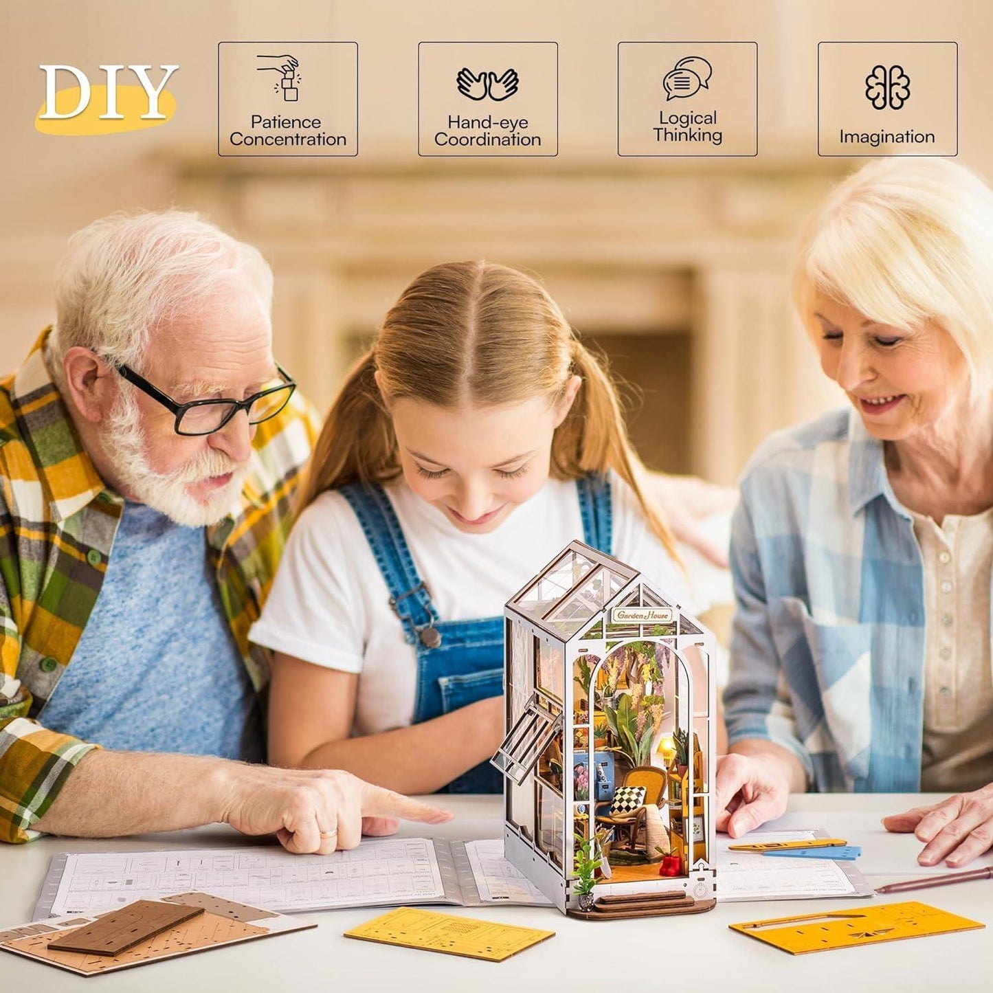 ROBOTIME Book Nook Kit Gardenhouse with LED Lights, DIY Miniature Dolls House Kit 3D Wooden Puzzle Bookend Booknook Book Shelf Decoration Gift