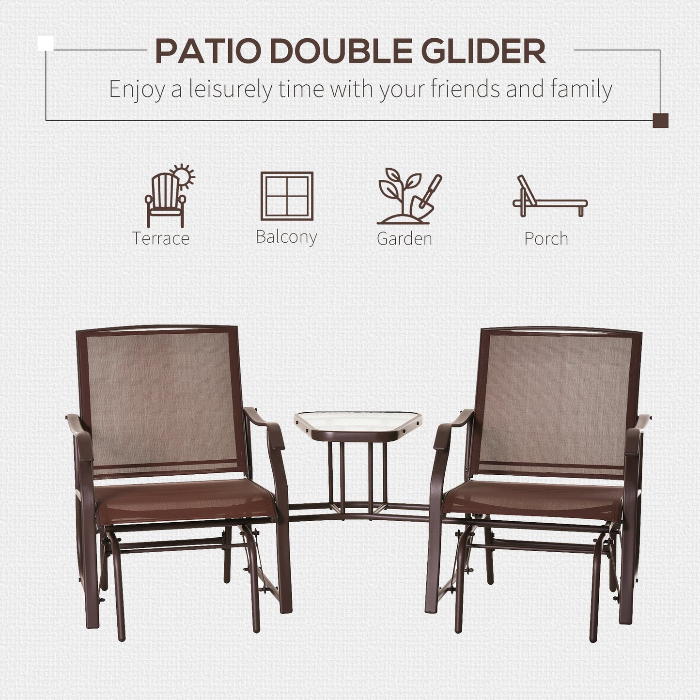 2-Seat Outdoor Glider Swing, Double Independent Rocker Chair, With Center Coffee Table, Breathable Sling Fabric, Coffee Brown