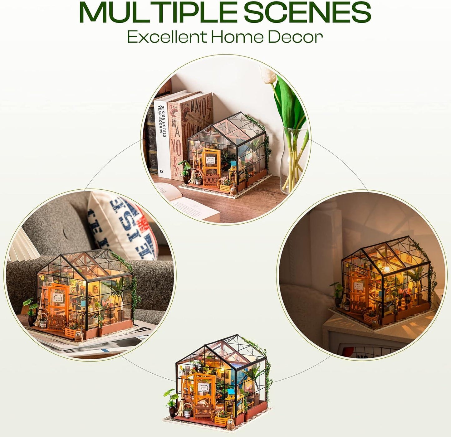 ROBOTIME DIY Dollhouse Wooden Miniature Furniture Kit Mini Green House with LED Best Birthday Gifts