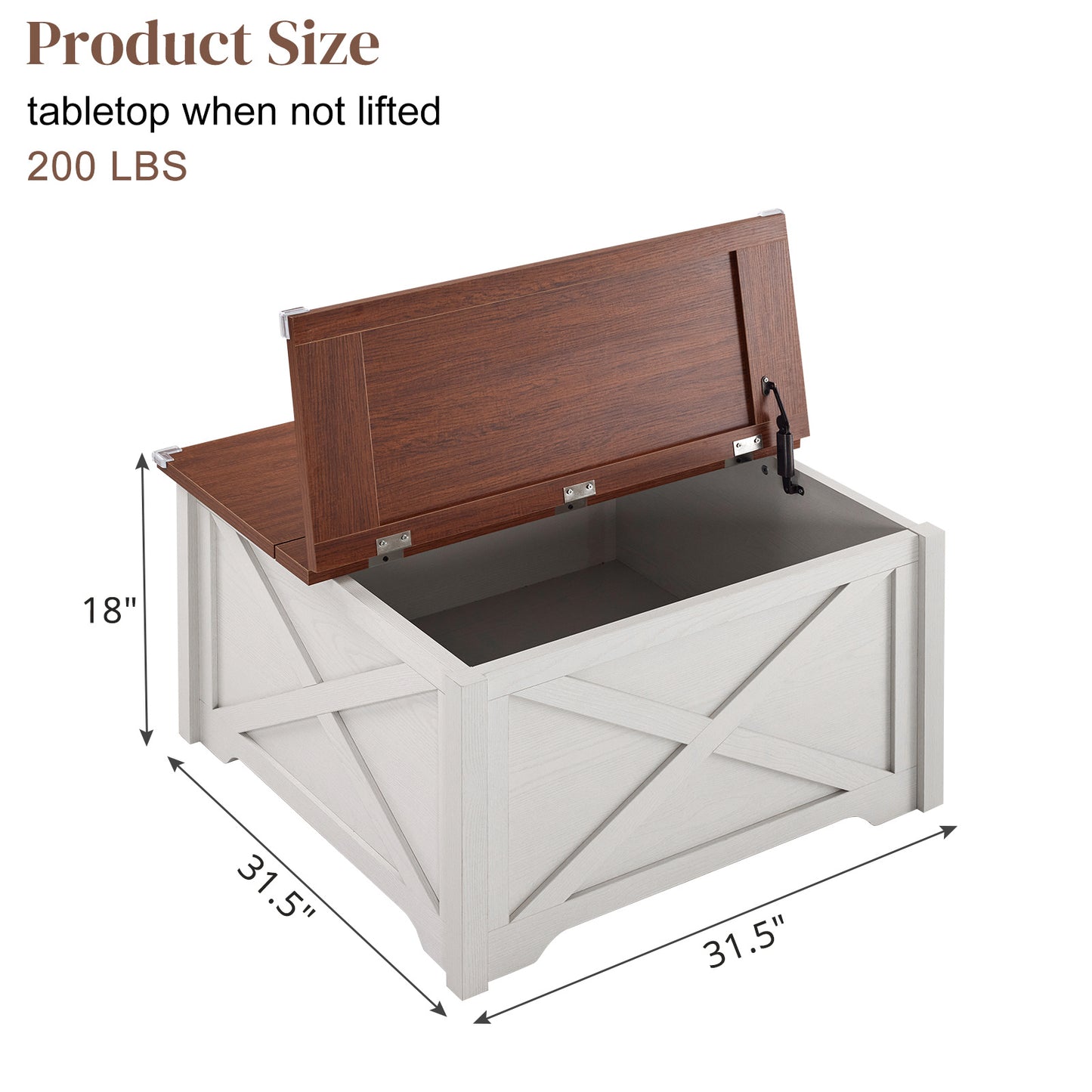 Large Hidden Storage Compartment, Double Flap Panel, Side X Shape, Coffee Table, Square, 31.5x31.5x18in
