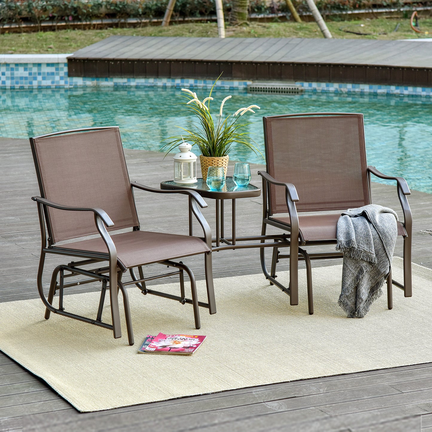 2-Seat Outdoor Glider Swing, Double Independent Rocker Chair, With Center Coffee Table, Breathable Sling Fabric, Coffee Brown