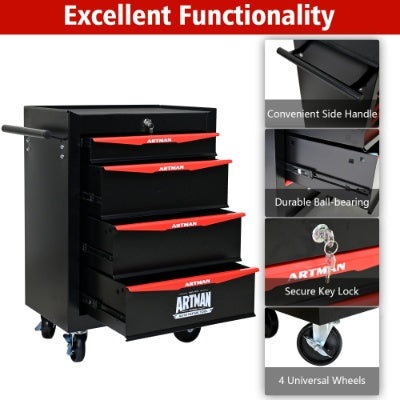 Rolling Metal Tool Chest With 4 Drawers, 20 4-Drawer Tool Chest Cabinet With Ball Bearing Drawer Slides, Steel Tool Storage Box Organizer -BLACK RED