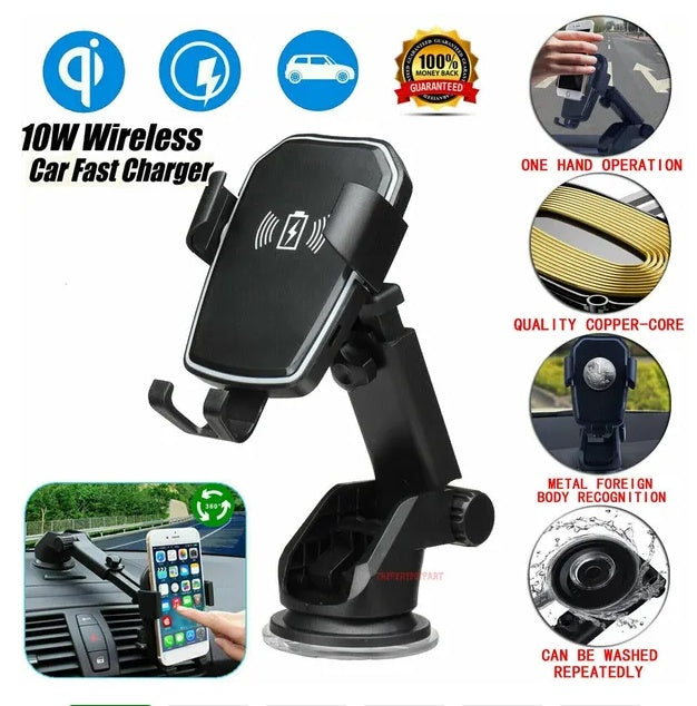 Qi Wireless Fast Charging Car Charger Mount Holder Stand 2 In 1 For Cell Phone