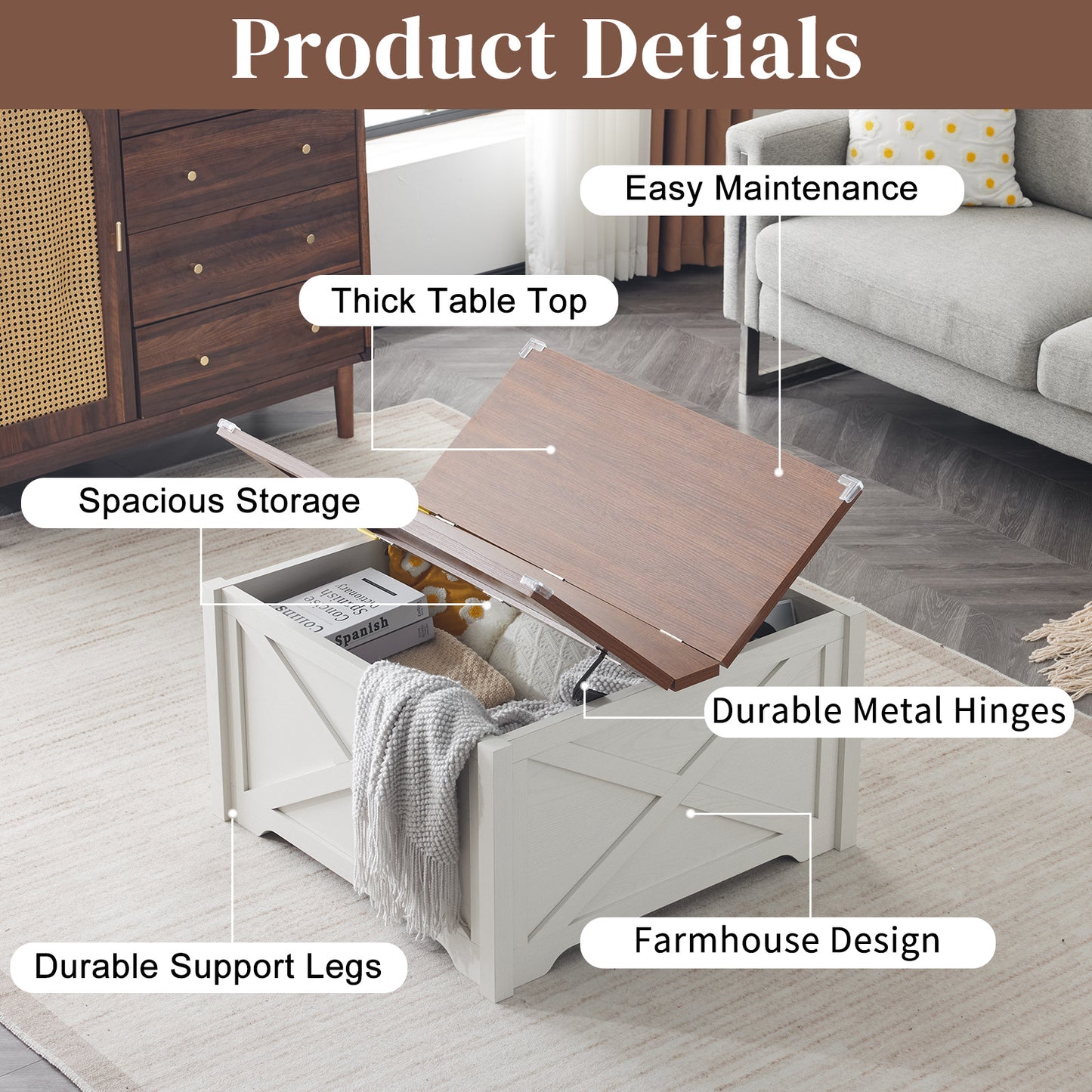 Large Hidden Storage Compartment, Double Flap Panel, Side X Shape, Coffee Table, Square, 31.5x31.5x18in