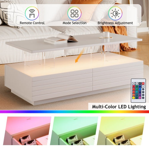 Modern White Rectangular LED Lights Coffee Table With 2 Drawers In 47.2