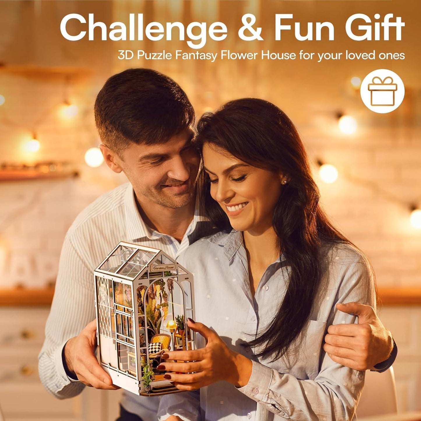 ROBOTIME Book Nook Kit Gardenhouse with LED Lights, DIY Miniature Dolls House Kit 3D Wooden Puzzle Bookend Booknook Book Shelf Decoration Gift