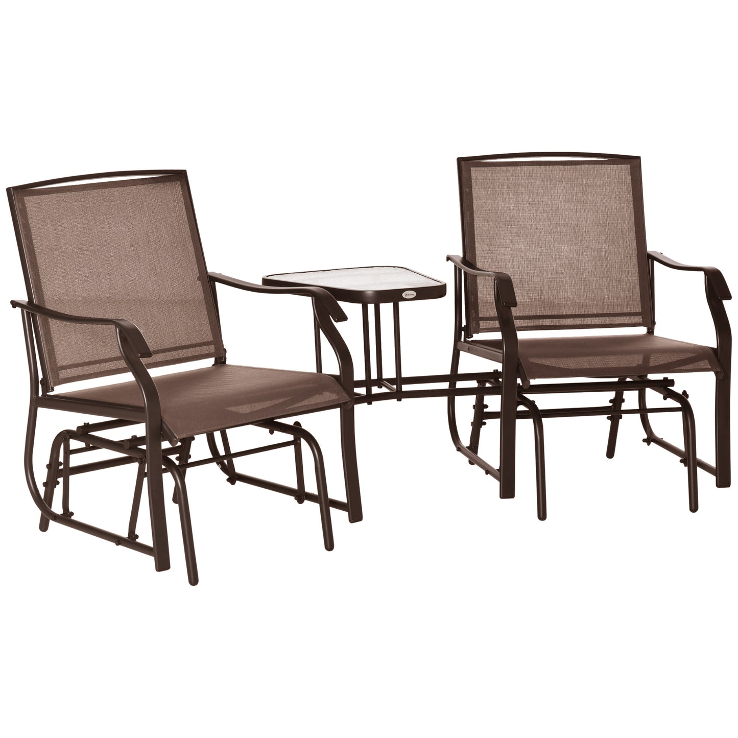 2-Seat Outdoor Glider Swing, Double Independent Rocker Chair, With Center Coffee Table, Breathable Sling Fabric, Coffee Brown